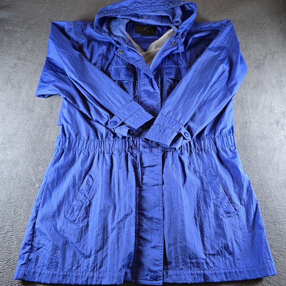 Eddie Bauer Blue Hooded Longline Windbreaker Jacket Cinch Waist Womens Large